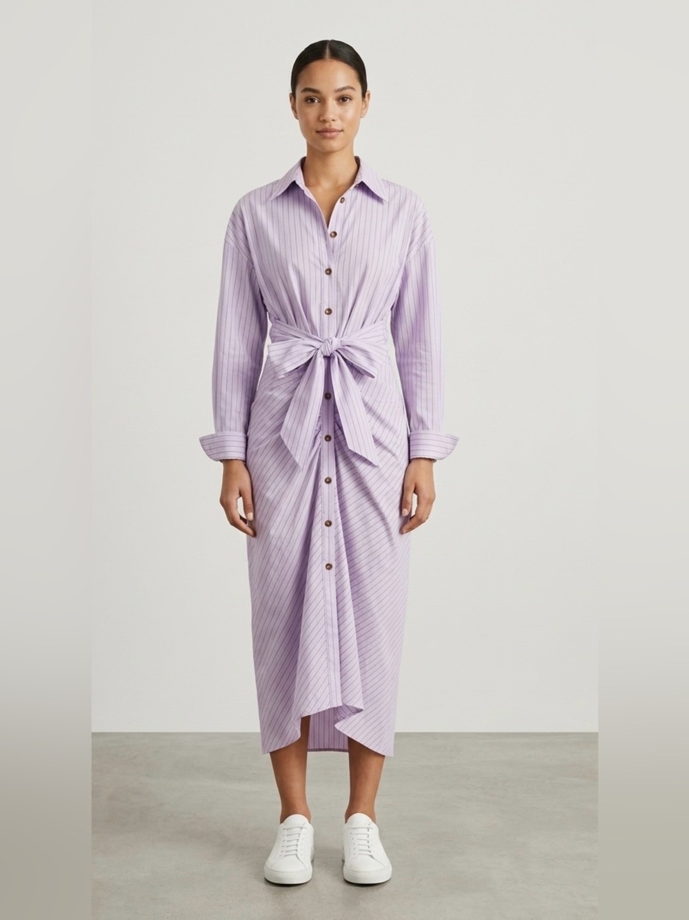 Mable Striped Midi Shirt Dress Tie Front Long Sleeve Cinched Waist Size M